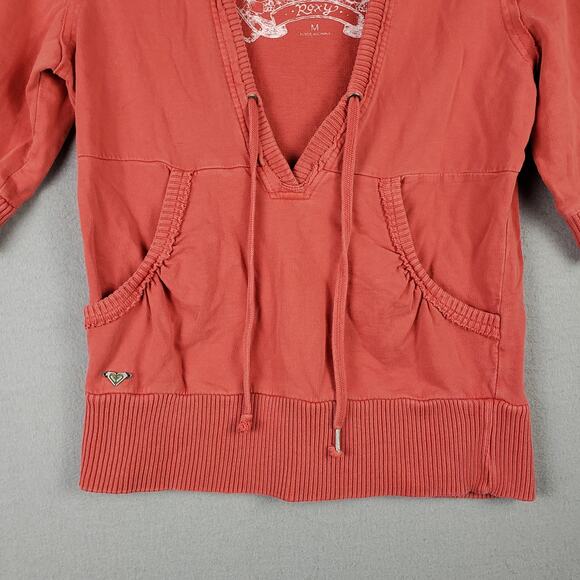 Y2K Roxy Size M Belle Swan Elbow Sleeve Hoodie Sweatshirt Orange V-Neck Pullover - Picture 2 of 8